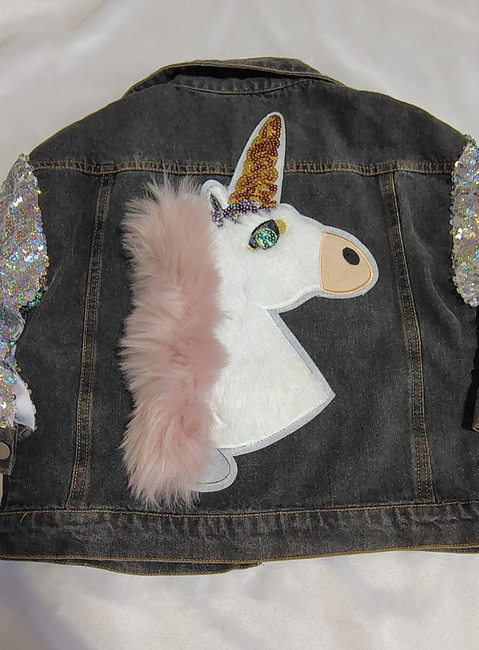 Child's Distressed Denim Jacket Silver Sequins with Unicorn on back 4-5T